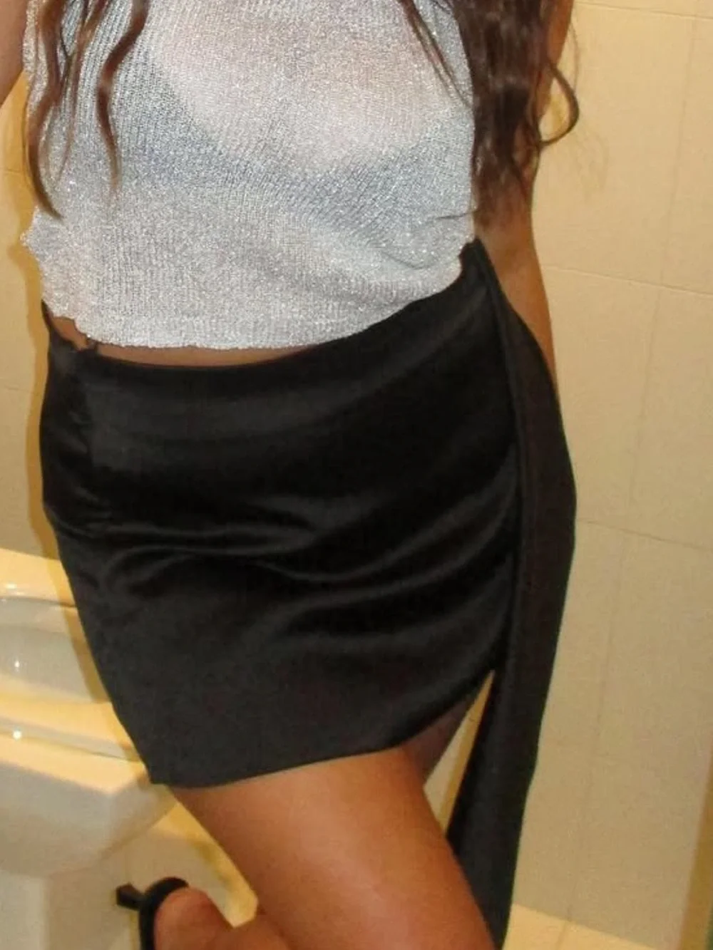 Zara Black Asymmetric Draped Satin Mini Skirt
